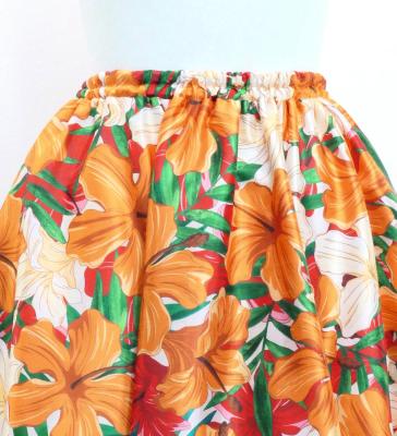 Hula Long Shantung Circular Skirt with Hibiscus Print / Luxury Collection / Orange / J3201-12
