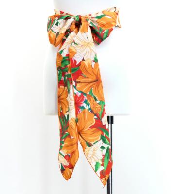 Hula Long Shantung Circular Skirt with Hibiscus Print / Luxury Collection / Orange / J3201-12