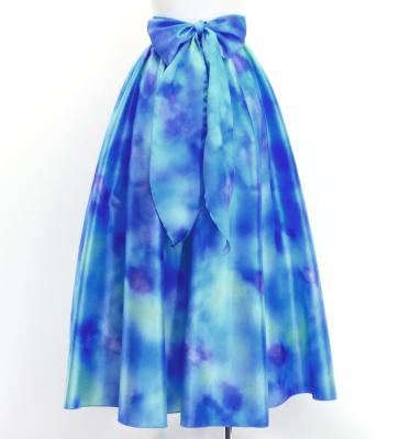 Hula Long Shantung Circular Skirt with Water Color Print / Luxury Collection / Sky Blue / J3201-2