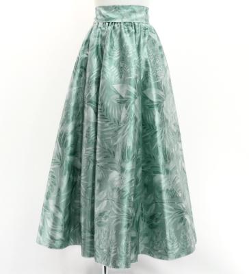 Hula Long Shantung Circular Skirt with Hawaiian Leaf Print / Luxury Collection / Gray / J3201-4