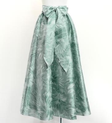 Hula Long Shantung Circular Skirt with Hawaiian Leaf Print / Luxury Collection / Gray / J3201-4