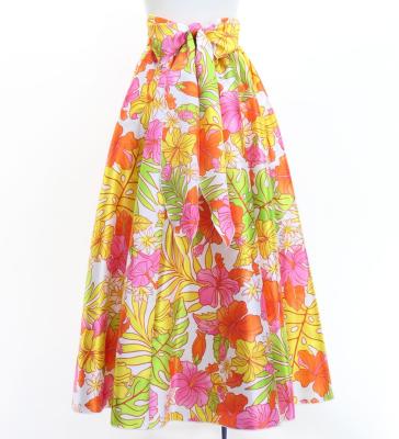 Hula Long Shantung Circular Skirt with Hibiscus Print / Luxury Collection / White & Red / J3201-9