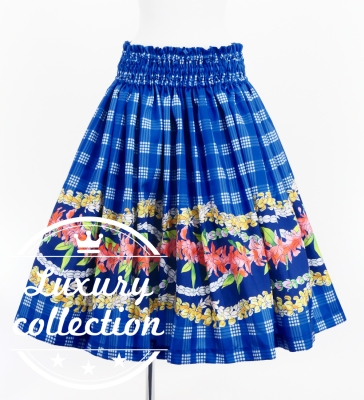 Hula Shantung Pa'u Skirt with Palaka & Lei Print / Luxury Collection / Blue / J3203bl