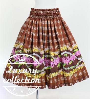 Hula Shantung Pa'u Skirt with Palaka & Lei Print / Luxury Collection / Brown / J3203br