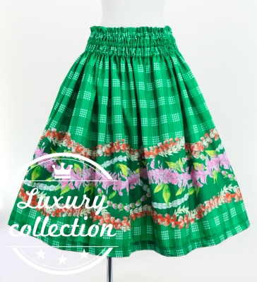 Hula Shantung Pa'u Skirt with Palaka & Lei Print / Luxury Collection / Green / J3203gr
