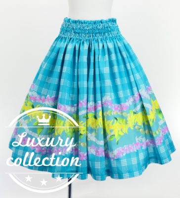 Hula Shantung Pa'u Skirt with Palaka & Lei Print / Luxury Collection / Light Blue / J3203lbl