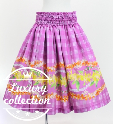 Hula Shantung Pa'u Skirt with Palaka & Lei Print / Luxury Collection / Pink / J3203pi