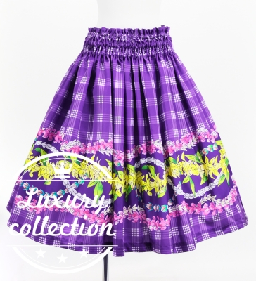 Hula Shantung Pa'u Skirt with Palaka & Lei Print / Luxury Collection / Purple / J3203pu