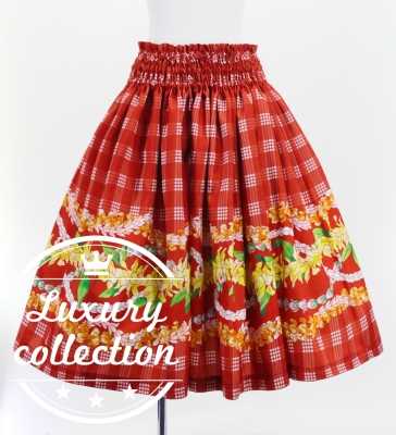 Hula Shantung Pa'u Skirt with Palaka & Lei Print / Luxury Collection / Red / J3203rd