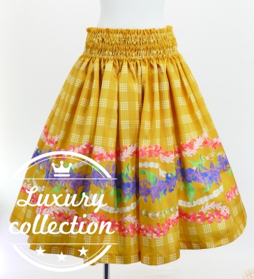 Hula Shantung Pa'u Skirt with Palaka & Lei Print / Luxury Collection / Yellow / J3203ye