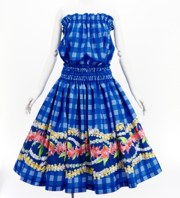 Hula Blouse & Pa'u Set-Up with Palaka & Lei Print / Luxury Collection / Blue / J3204bl