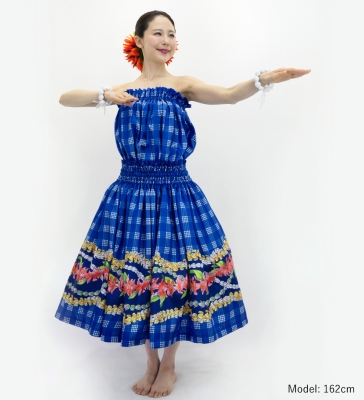 Hula Blouse & Pa'u Set-Up with Palaka & Lei Print / Luxury Collection / Blue / J3204bl