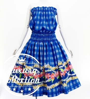 Hula Blouse & Pa'u Set-Up with Palaka & Lei Print / Luxury Collection / Blue / J3204bl