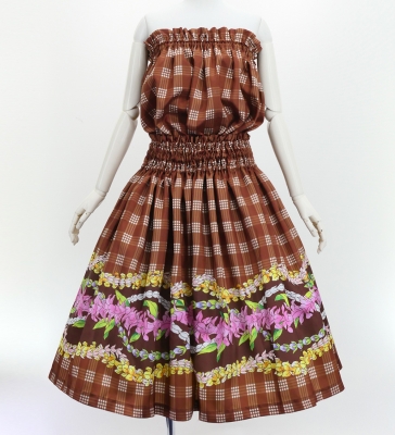 Hula Blouse & Pa'u Set-Up with Palaka & Lei Print / Luxury Collection / Brown / J3204br