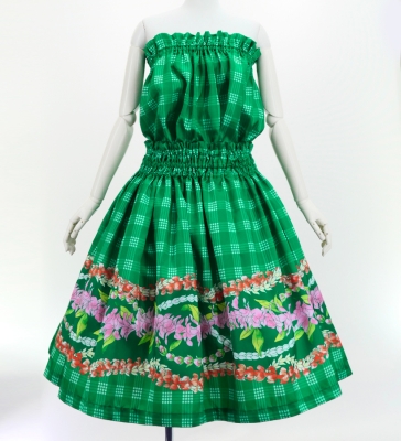 Hula Blouse & Pa'u Set-Up with Palaka & Lei Print / Luxury Collection / Green / J3204gr