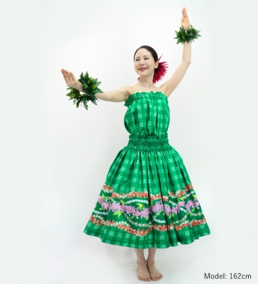 Hula Blouse & Pa'u Set-Up with Palaka & Lei Print / Luxury Collection / Green / J3204gr