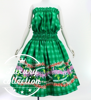 Hula Blouse & Pa'u Set-Up with Palaka & Lei Print / Luxury Collection / Green / J3204gr