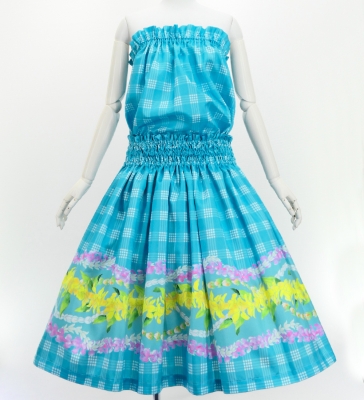 Hula Blouse & Pa'u Set-Up with Palaka & Lei Print / Luxury Collection / Light Blue / J3204lbl