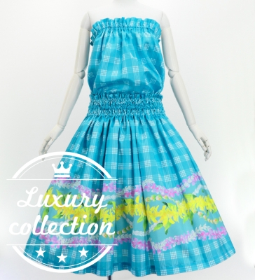 Hula Blouse & Pa'u Set-Up with Palaka & Lei Print / Luxury Collection / Light Blue / J3204lbl