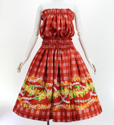 Hula Blouse & Pa'u Set-Up with Palaka & Lei Print / Luxury Collection / Red / J3204rd