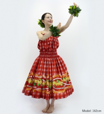 Hula Blouse & Pa'u Set-Up with Palaka & Lei Print / Luxury Collection / Red / J3204rd