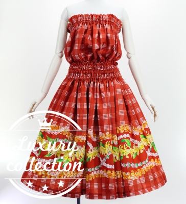 Hula Blouse & Pa'u Set-Up with Palaka & Lei Print / Luxury Collection / Red / J3204rd