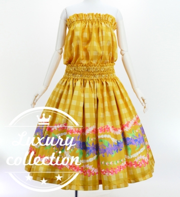 Hula Blouse & Pa'u Set-Up with Palaka & Lei Print / Luxury Collection / Yellow / J3204ye