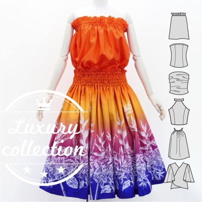 Hula Blouse & Pa'u Set-Up with Hawaiian Flower Print / Luxury Collection / J3222-3
