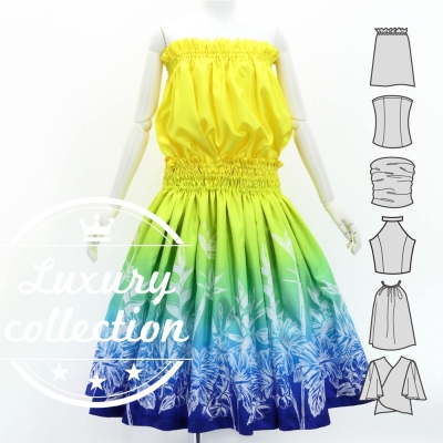 Hula Blouse & Pa'u Set-Up with Hawaiian Flower Print / Luxury Collection / J3222-5