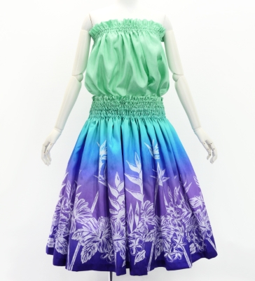 Hula Blouse & Pa'u Set-Up with Hawaiian Flower Print / Luxury Collection / J3222-7