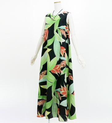 Hula Long Koshibo Dress with Heliconia Print / Luxury Collection / Black / J3223-4