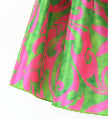 Tahitian Shantung Skirt with Kahiko&Tiare Print / Luxury Collection / Green & Pink / J3226-13