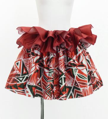 Tahitian Shantung Skirt with Kahiko & Lehua Print / Luxury Collection / Red & Black / J3226-4