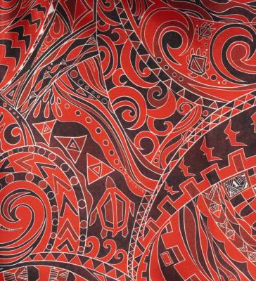 Tahitian Shantung Skirt with Kahiko & Moana Print / Luxury Collection / Red / J3226-5
