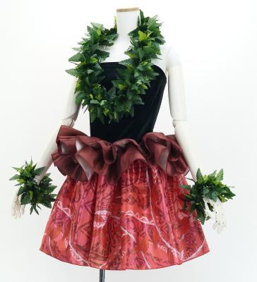 Tahitian Shantung Skirt with Leaf Lei & Kahiko Print / Luxury Collection / Red / J3226-6