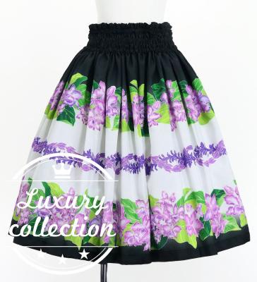 Hula Shantung Pa'u Skirt with Cattleya Lei Print / Luxury Collection / Black / J3227bk