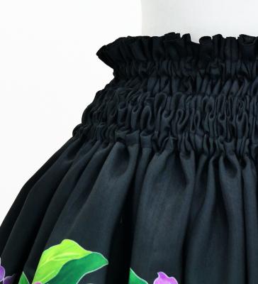 Hula Shantung Pa'u Skirt with Cattleya Lei Print / Luxury Collection / Black / J3227bk