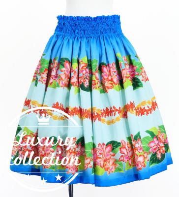 Hula Shantung Pa'u Skirt with Cattleya Lei Print / Luxury Collection / Blue / J3227bl