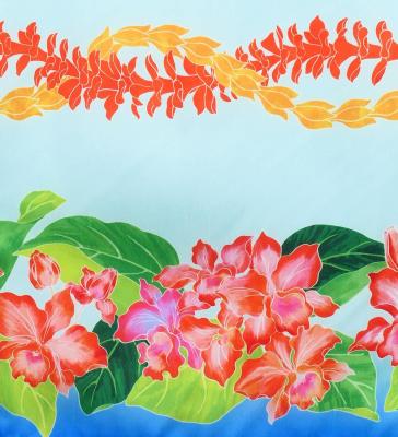 Hula Shantung Pa'u Skirt with Cattleya Lei Print / Luxury Collection / Blue / J3227bl