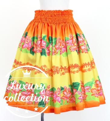 Hula Shantung Pa'u Skirt with Cattleya Lei Print / Luxury Collection / Orange / J3227or