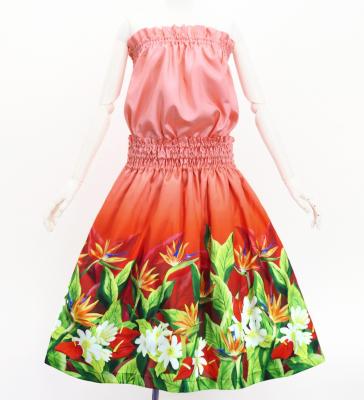 Hula Blouse & Pa'u Set-Up with Hawaiian Flower & Leaf Print / Luxury Collection / J3256-1