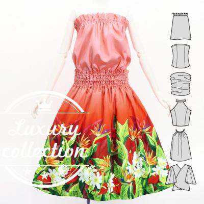 Hula Blouse & Pa'u Set-Up with Hawaiian Flower & Leaf Print / Luxury Collection / J3256-1