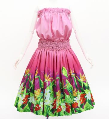 Hula Blouse & Pa'u Set-Up with Hawaiian Flower & Leaf Print / Luxury Collection / J3256-2