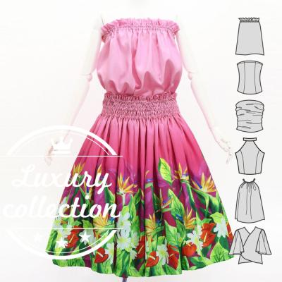 Hula Blouse & Pa'u Set-Up with Hawaiian Flower & Leaf Print / Luxury Collection / J3256-2