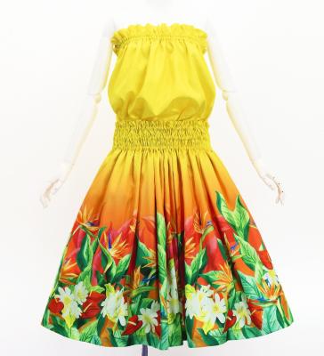 Hula Blouse & Pa'u Set-Up with Hawaiian Flower & Leaf Print / Luxury Collection / J3256-3