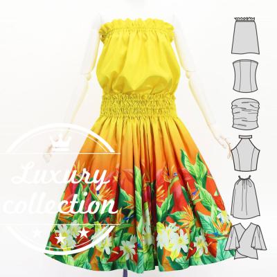 Hula Blouse & Pa'u Set-Up with Hawaiian Flower & Leaf Print / Luxury Collection / J3256-3