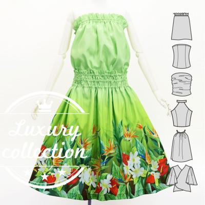 Hula Blouse & Pa'u Set-Up with Hawaiian Flower & Leaf Print / Luxury Collection / J3256-5