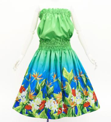 Hula Blouse & Pa'u Set-Up with Hawaiian Flower & Leaf Print / Luxury Collection / J3256-6