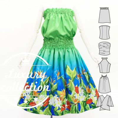 Hula Blouse & Pa'u Set-Up with Hawaiian Flower & Leaf Print / Luxury Collection / J3256-6