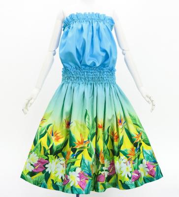 Hula Blouse & Pa'u Set-Up with Hawaiian Flower & Leaf Print / Luxury Collection / J3256-7